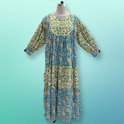 XS/S Emna Printed Cotton Dress 54"Long Sleeves Jalabiya