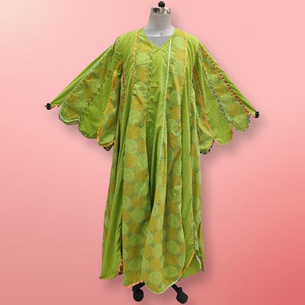 S/M Meher Green Printed Cotton Dress 57" Long Jalabiya