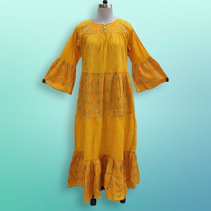 L/XL Moon Yellow Printed Cotton Dress 57" Long Jalabiya