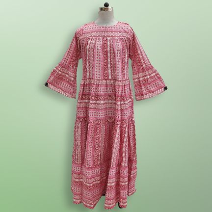 L/XL Moon Red Printed Cotton Dress 57" Long Jalabiya