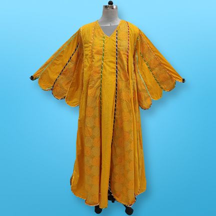 S/M Meher Yellow Printed Cotton Dress 57" Long Jalabiya
