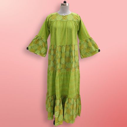L/XL Moon Green Printed Cotton Dress 57" Long Jalabiya
