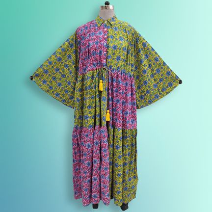 L/XL Fatim Multi Printed Cotton Dress 57" Long Jalabiya