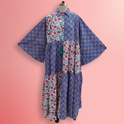 L/XL Fatim Multi Printed Cotton Dress 57" Long Jalabiya