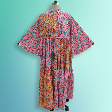 L/XL Fatim Multi Printed Cotton Dress 57" Long Jalabiya