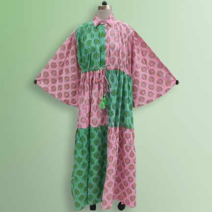 L/XL Fatim Multi Printed Cotton Dress 57" Long Jalabiya