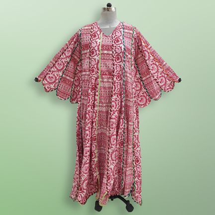 L/XL Meher Red Printed Cotton Dress 57" Long Jalabiya