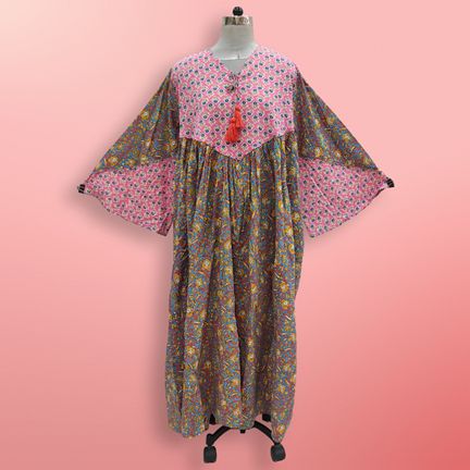 L/XL Naira Printed Cotton Dress 57" Long Jalabiya