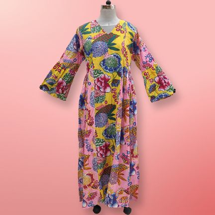 L/XL Saida Printed Cotton Dress 57" Long Jalabiya
