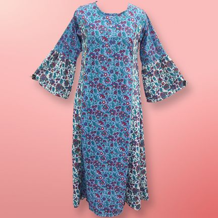 S/M Marry Blue Printed Cotton Dress 57" Long Jalabiya