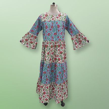 L/XL Moon Blue Printed Cotton Dress 57" Long Jalabiya