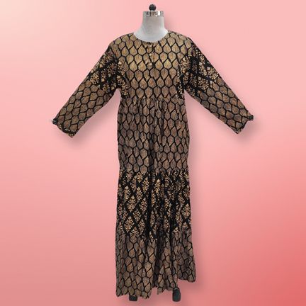 S/M Juhi Golden Printed Rayon Dress 57" Long Jalabiya