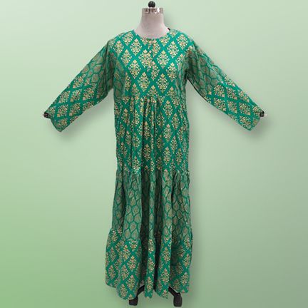 S/M Juhi Golden Printed Rayon Dress 57" Long Jalabiya