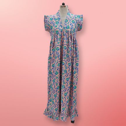 L/XL Pink Amani Printed Cotton Dress 57" Short Sleeves Jalabiya