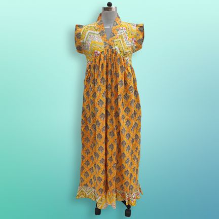 S/M Amani Printed Cotton Dress 57" Short Sleeves Jalabiya