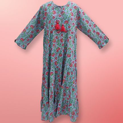 S/M Razia Red Printed Cotton Dress 57" Long Jalabiya