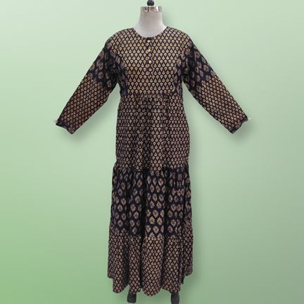 L/XL Juhi Golden Printed Rayon Dress 57" Long Jalabiya