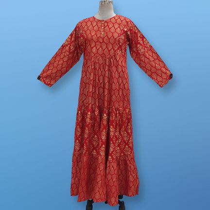 L/XL Juhi Golden Printed Rayon Dress 57" Long Jalabiya