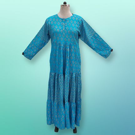 S/M Juhi Golden Printed Rayon Dress 57" Long Jalabiya