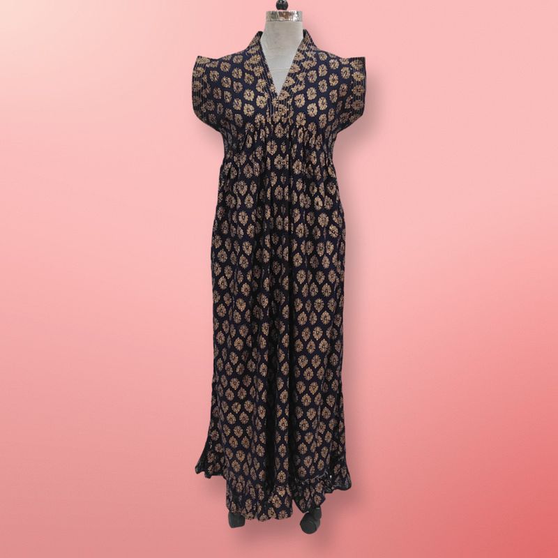 L-XL Amani Gold Cotton Dress 57" Short Sleeves Jalabiya