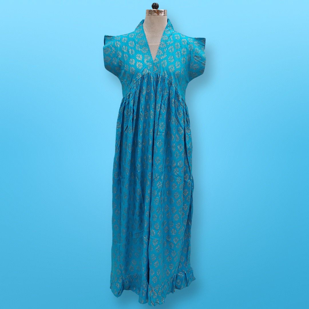 S/M Amani Gold Print Cotton Dress 57" Short Sleeves Jalabiya