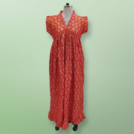 XS-S Amani Gold Print Cotton Dress 54" Short Sleeves Jalabiya