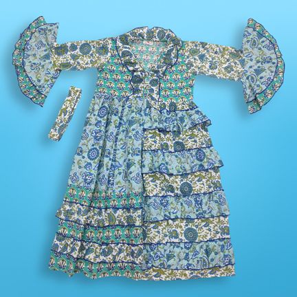 6-7 Years Sabah Blue Printed Cotton Dress 38" Long Jalabiya