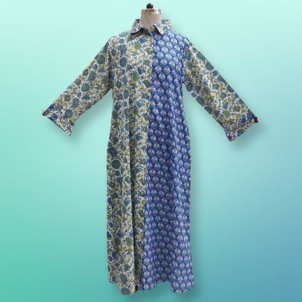 S/M Singapore Blue Printed Cotton Dress 57" Long Jalabiya