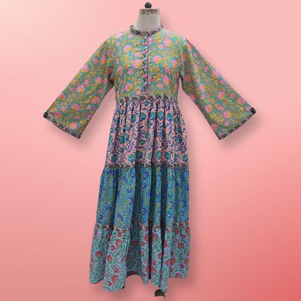 S/M Green Pink Sydney Printed Cotton Dress 57" Long Jalabiya
