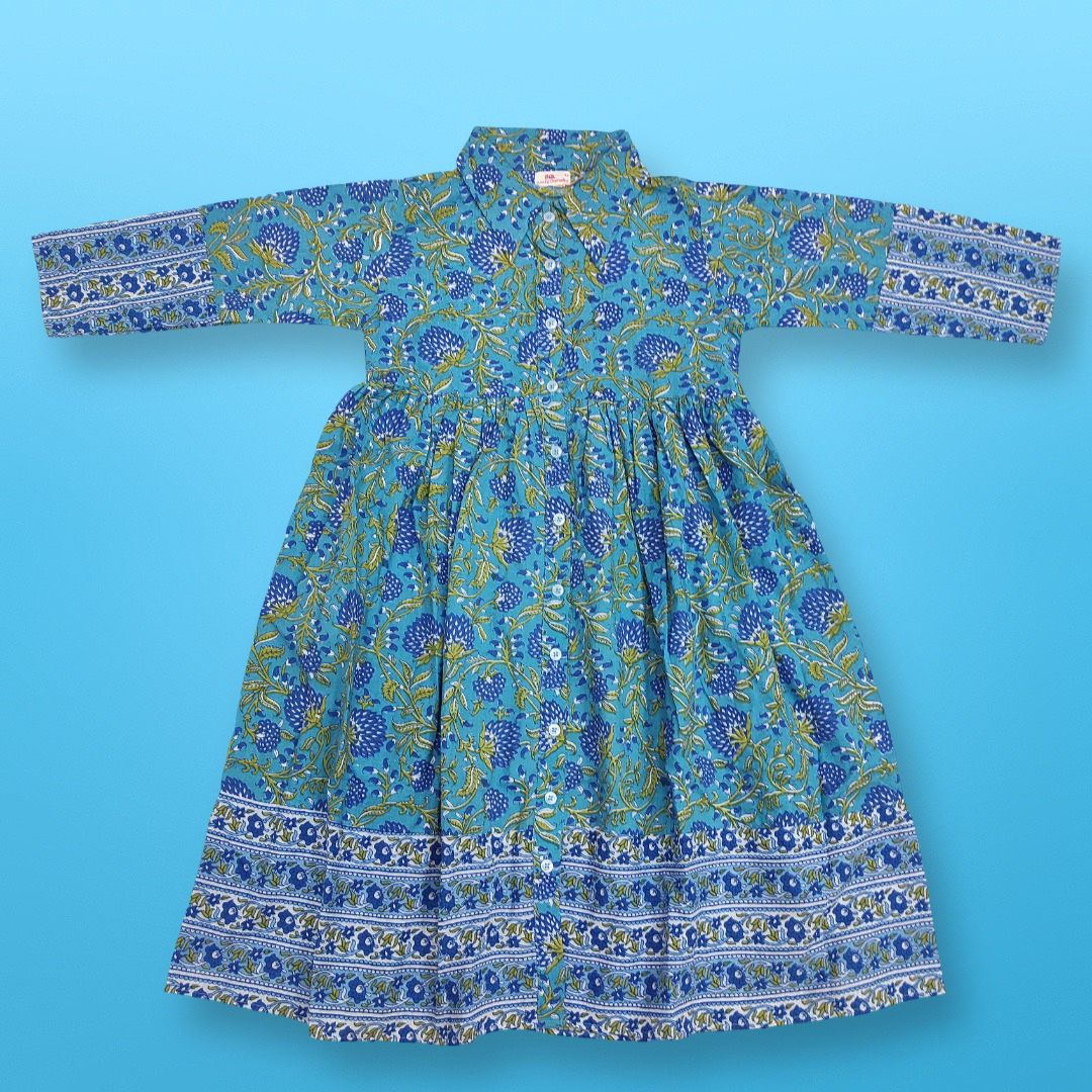 2-3 Year Blue Ana Printed Cotton Dress 30" Long Jalabiya