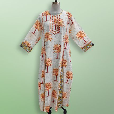L/XL Ejlal Printed Cotton Dress 57" Long Jalabiya
