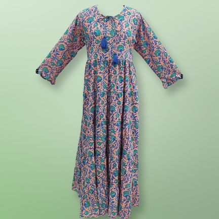 XS/S Razia Pink Printed Cotton Dress 54" Long Jalabiya