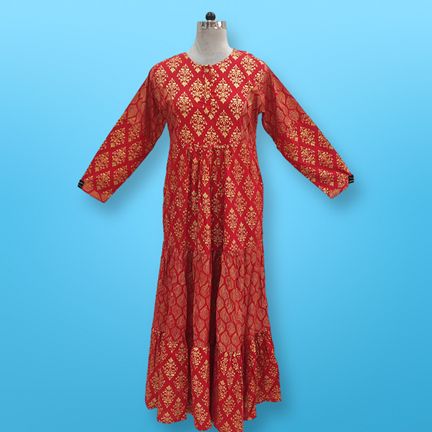 L/XL Juhi Golden Printed Rayon Dress 57" Long Jalabiya