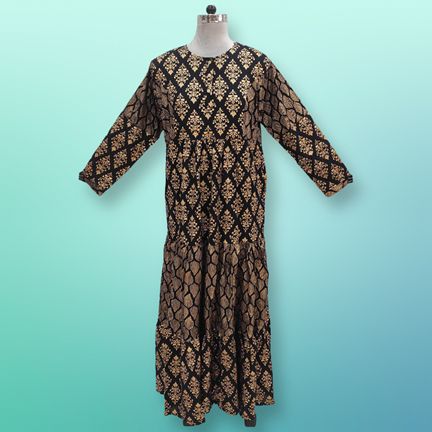 S/M Juhi Golden Printed Rayon Dress 57" Long Jalabiya