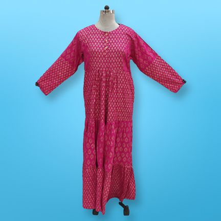 S/M Juhi Golden Printed Rayon Dress 57" Long Jalabiya