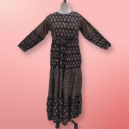 S/M Juhi Golden Printed Rayon Dress 57" Long Jalabiya