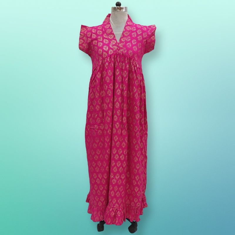 L-XL Amani Gold Cotton Dress 57" Short Sleeves Jalabiya