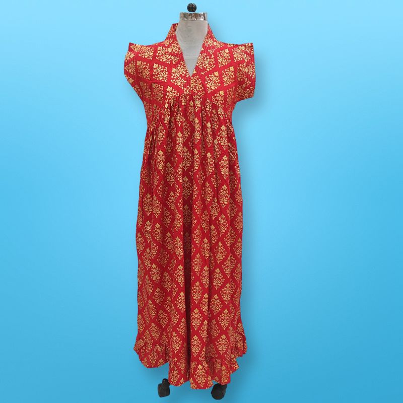 S/M Amani Gold Print Cotton Dress 57" Short Sleeves Jalabiya