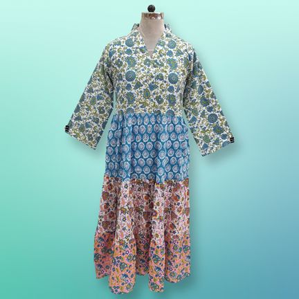 L/XL Maldives Blue Printed Cotton Dress 57" Long Jalabiya