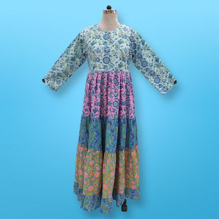 L/XL Blue Layla Printed Cotton Dress 57" Long Jalabiya