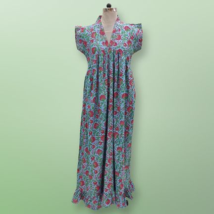 2XL/3XL Green Amani Printed Cotton Dress 57" Short Sleeves Jalabiya