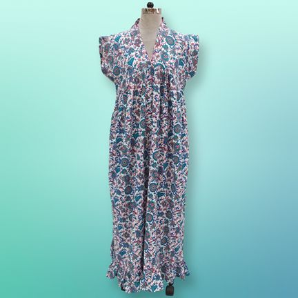 S/M Orange Amani Printed Cotton Dress 57" Short Sleeves Jalabiya