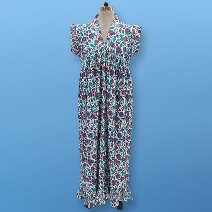 S/M Blue Amani Printed Cotton Dress 57" Short Sleeves Jalabiya