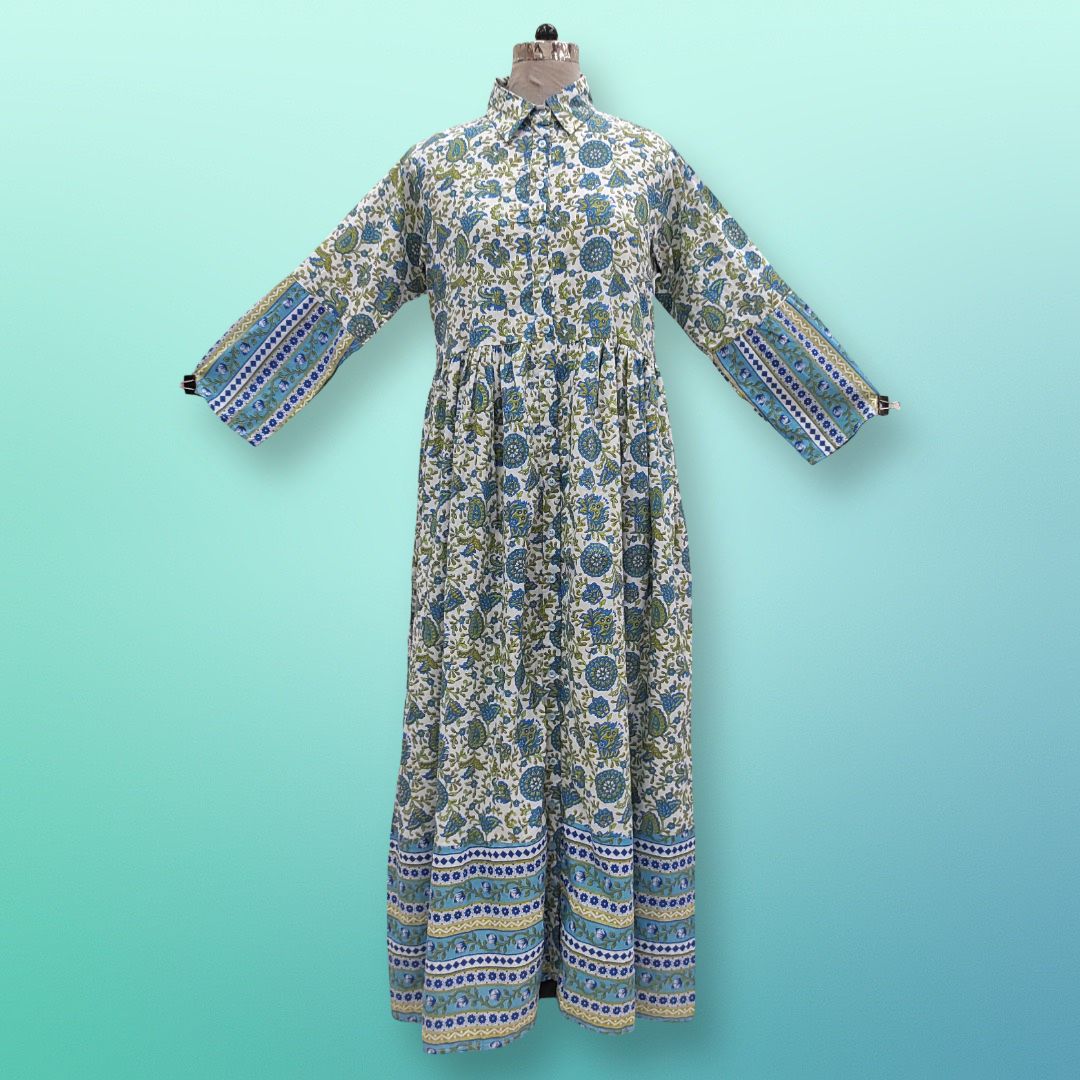 XS/S Green Ana Printed Cotton Dress 54" Long Jalabiya