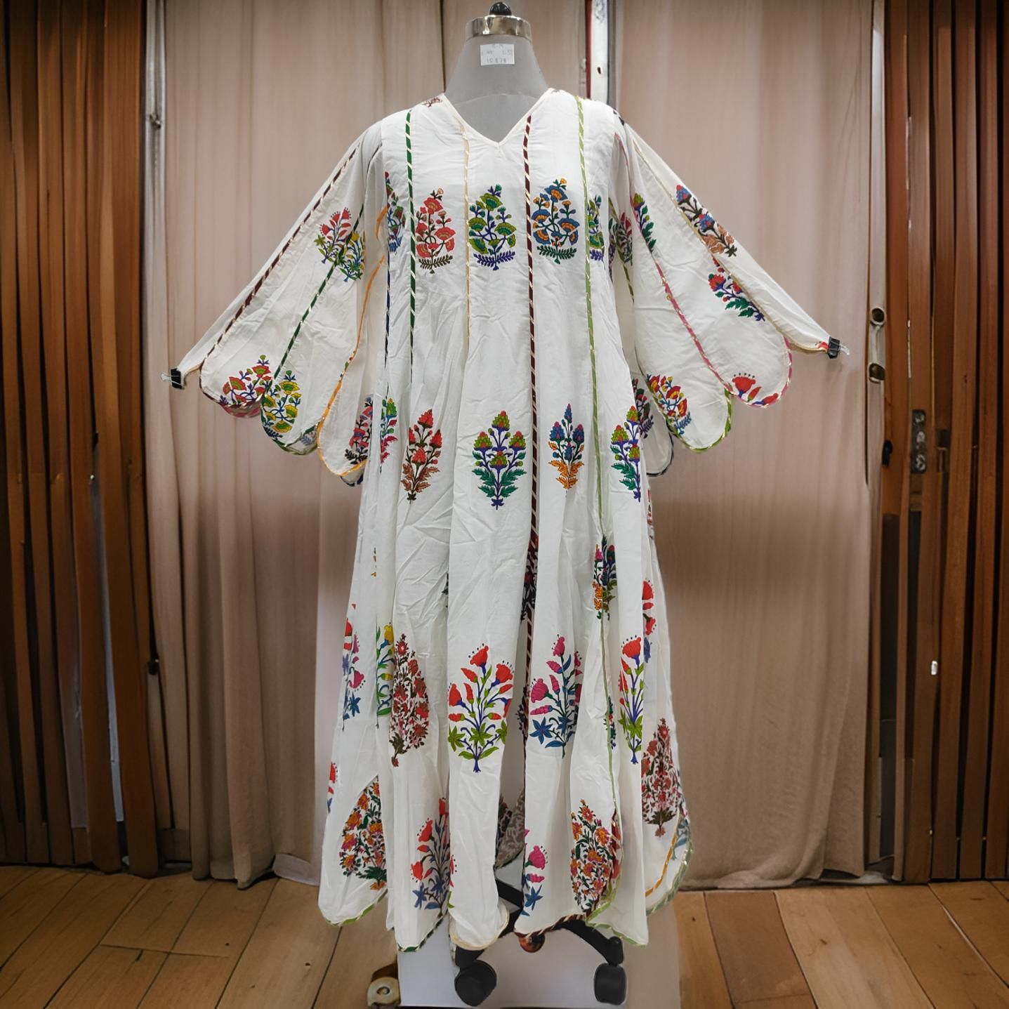 S/M Meher White Printed Cotton Dress 57" Long Jalabiya