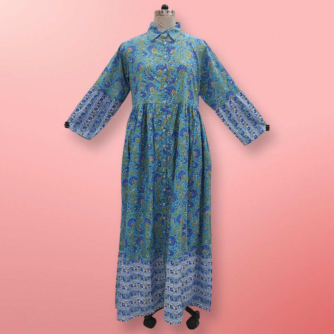 L/XL Blue Ana Printed Cotton Dress 57" Long Jalabiya