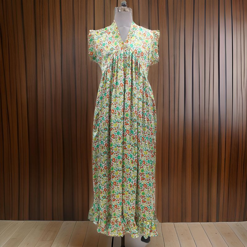 L/XL Satin Amani Printed Cotton Dress 57" Short Sleeves Jalabiya