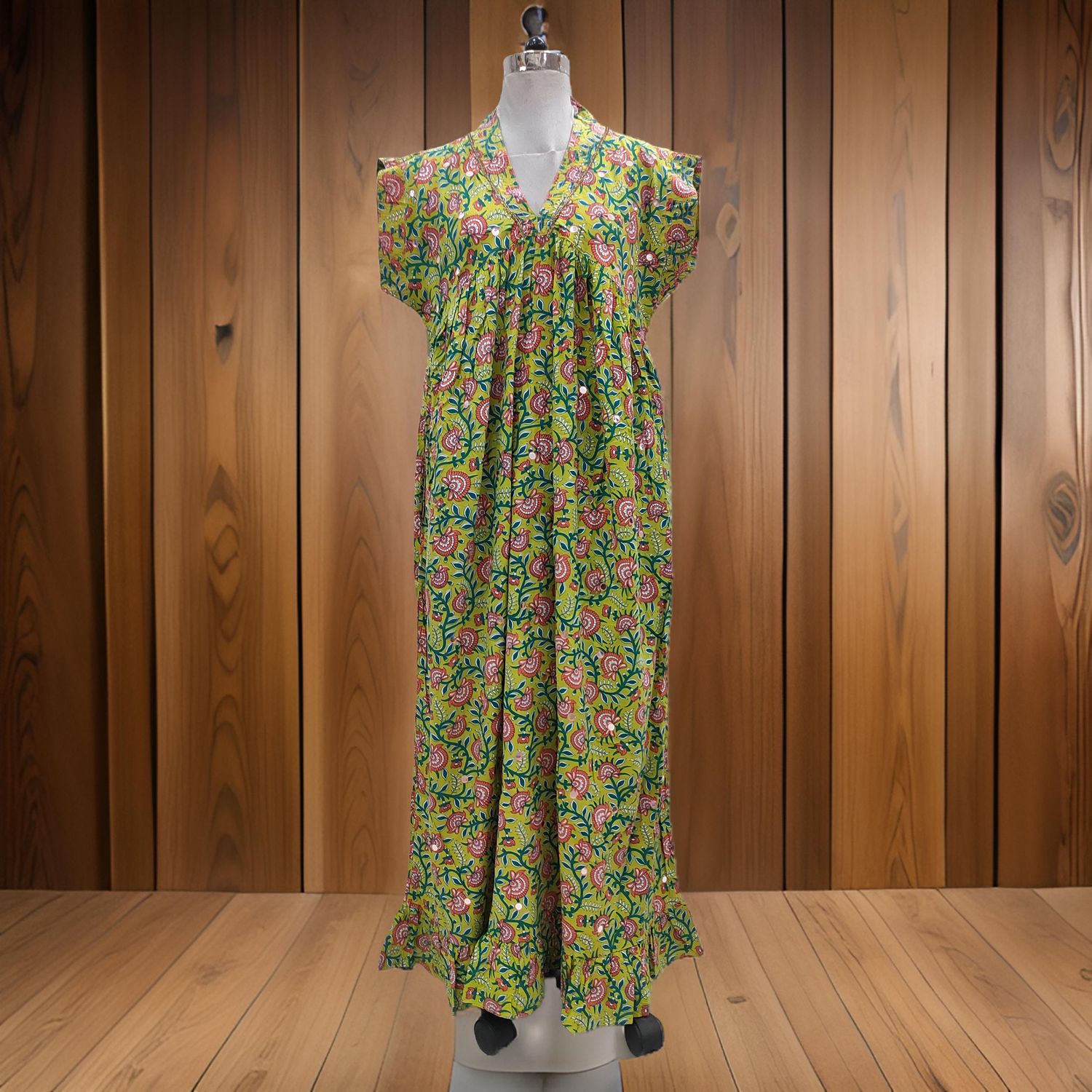 S/M Amani Printed Cotton Dress 57" Short Sleeves Jalabiya