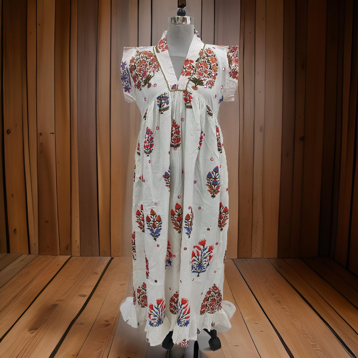 S/M Amani Printed Cotton Dress 57" Short Sleeves Jalabiya