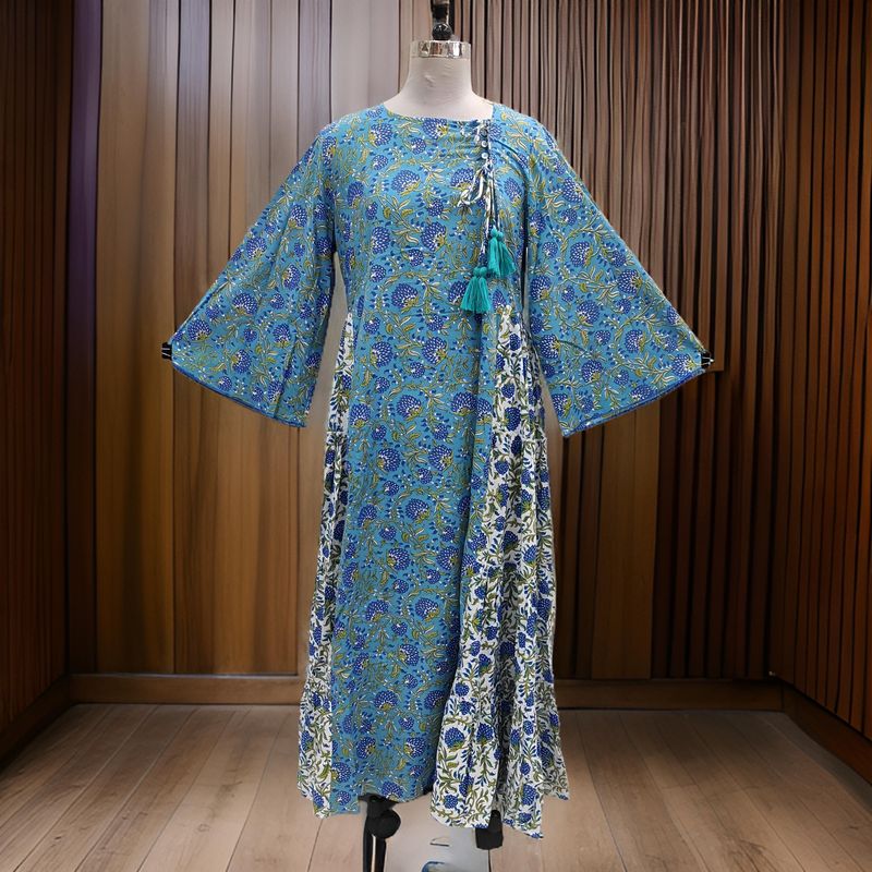 L/XL Cindrella Blue Printed Cotton Dress 57" Long Jalabiya